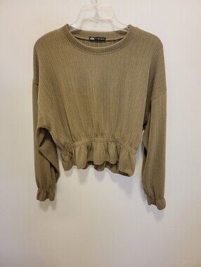 ZARA Olive Ribbed Cropped Long Sleeve
